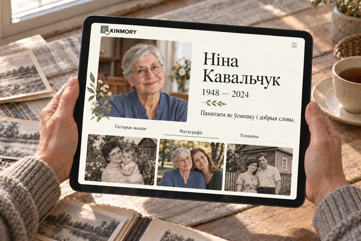 Планшэт са старонкай памяці Ніны Кавальчук, яе партрэтам і сямейнымі фатаграфіямі, побач адкрыты альбом