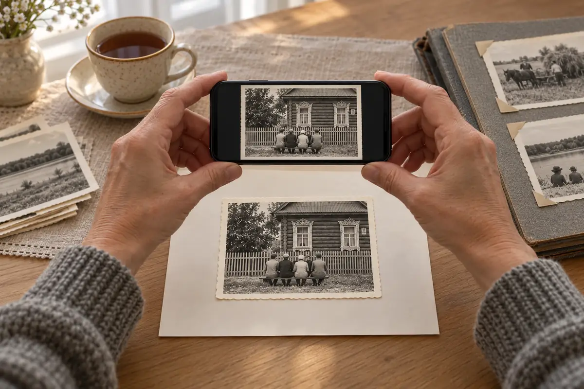 Руки держат телефон параллельно старой фотографии деревенского дома, на экране виден тот же снимок